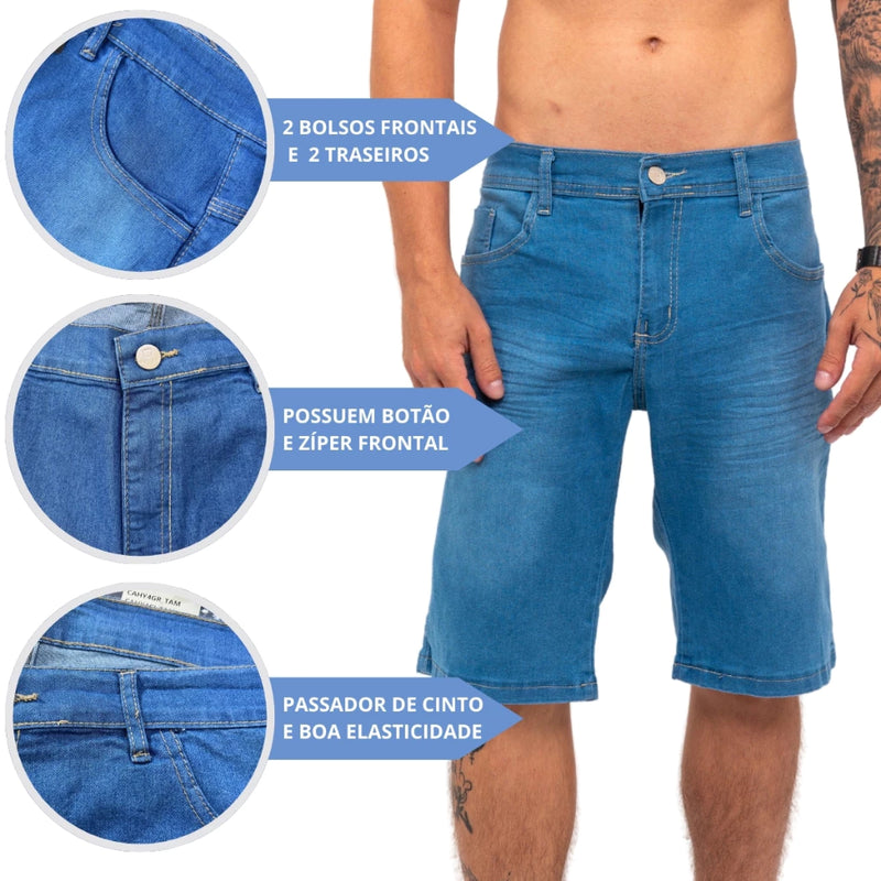 Kit 3 Bermudas Jeans Masculina Lycra Elastano